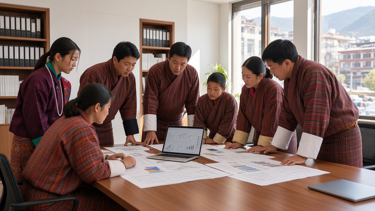Bhutanese advisers in national dress reviewing charts in a policy meeting